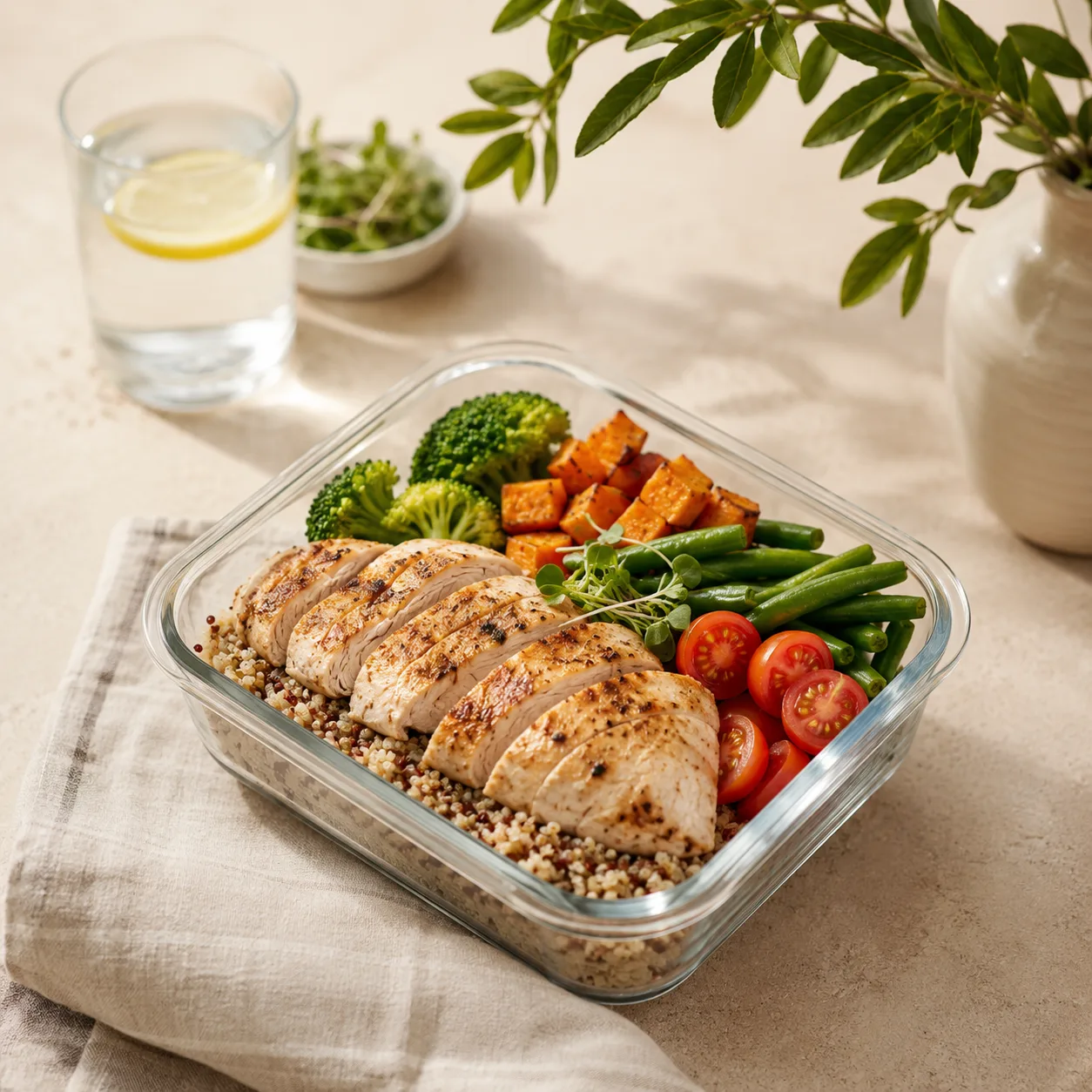 Prepared chicken and vegetable meal bowl